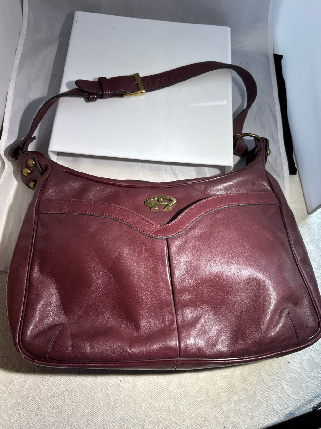 Etienne Aigner Burgundy Shoulder Bag With Gold Hardware